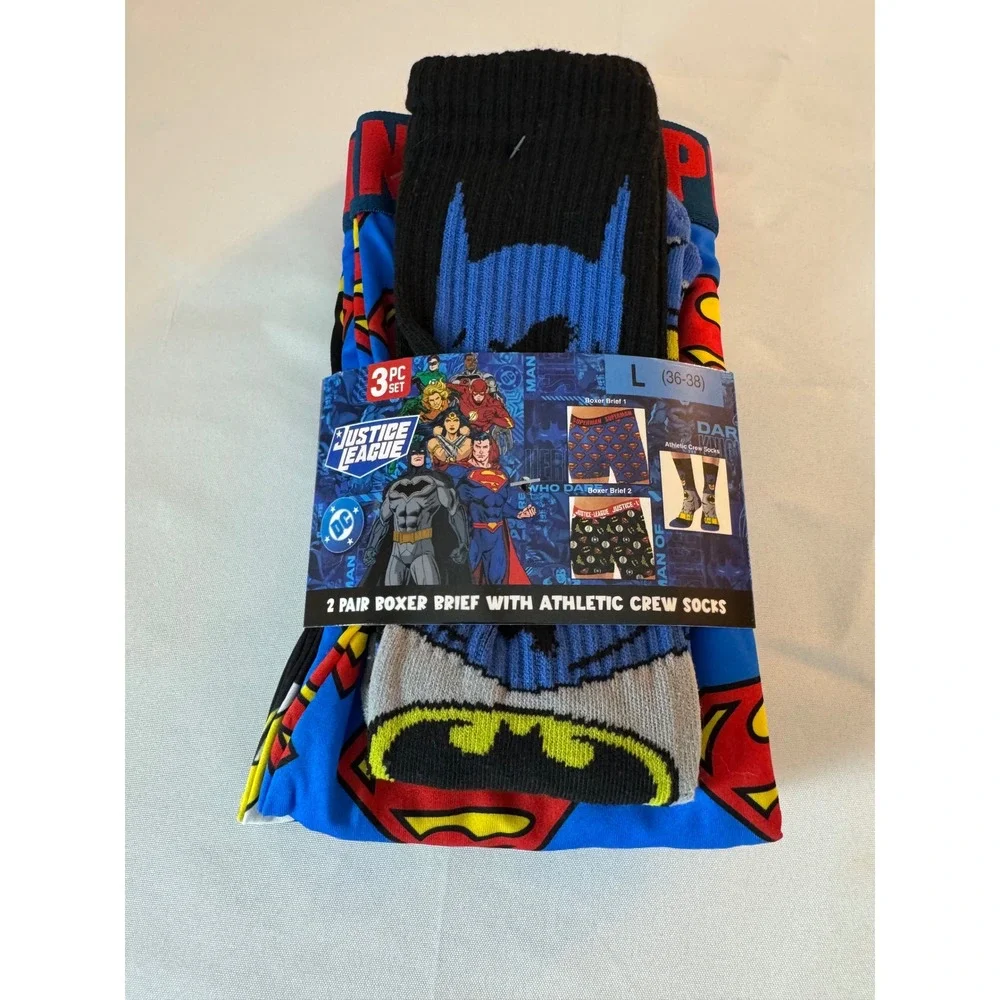 DC Comics Justice League 3 Pack Boxer Brief & 2 Crew Socks Mens Large NWT